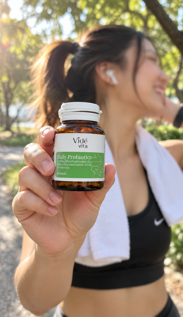 หญิงสาวในชุดวิ่งกลางแจ้ง ถือขวด Daily Probiotics ใกล้กล้อง