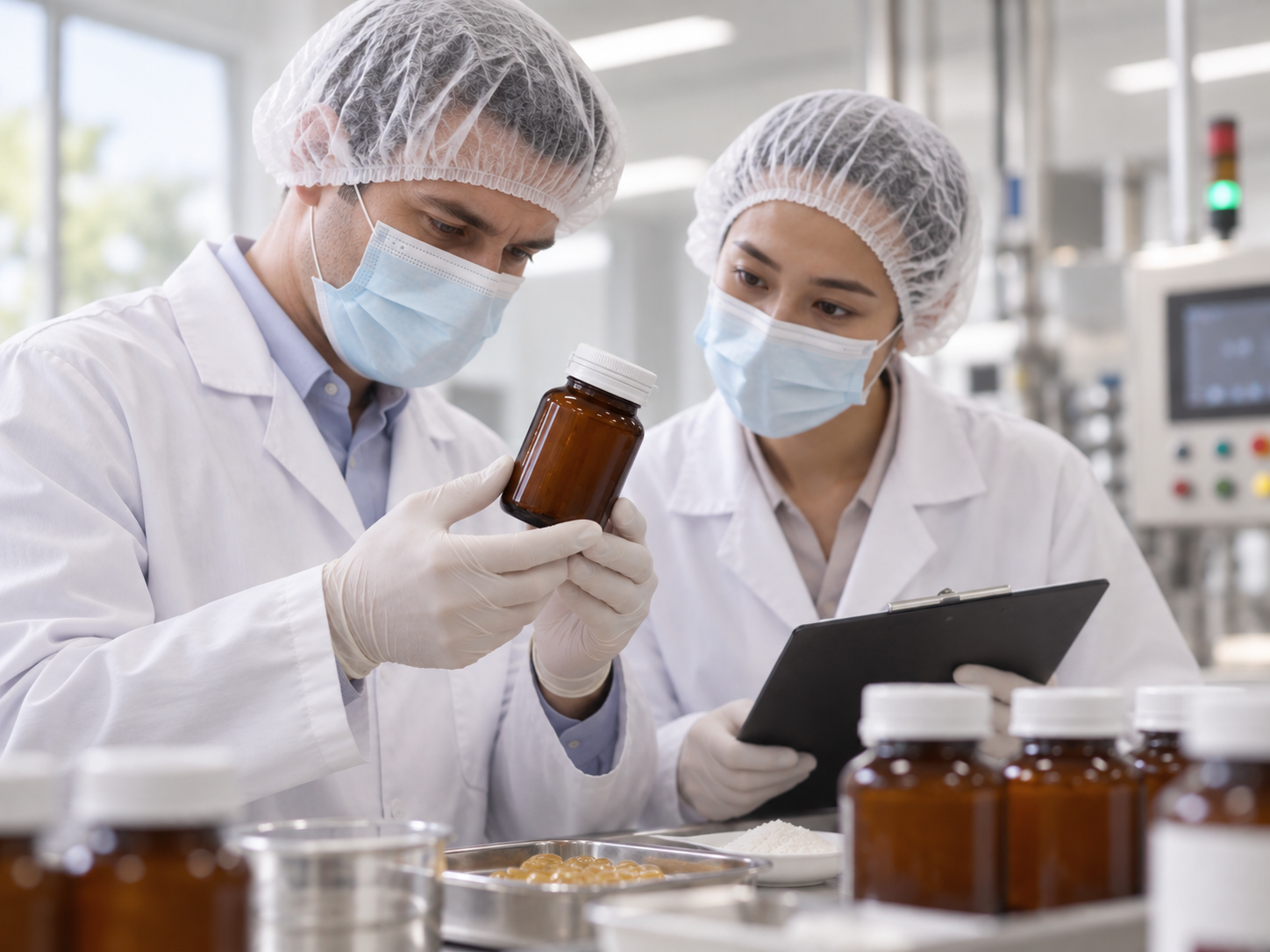 นักวิจัยสองคนตรวจสอบขวดผลิตภัณฑ์เสริมอาหาร