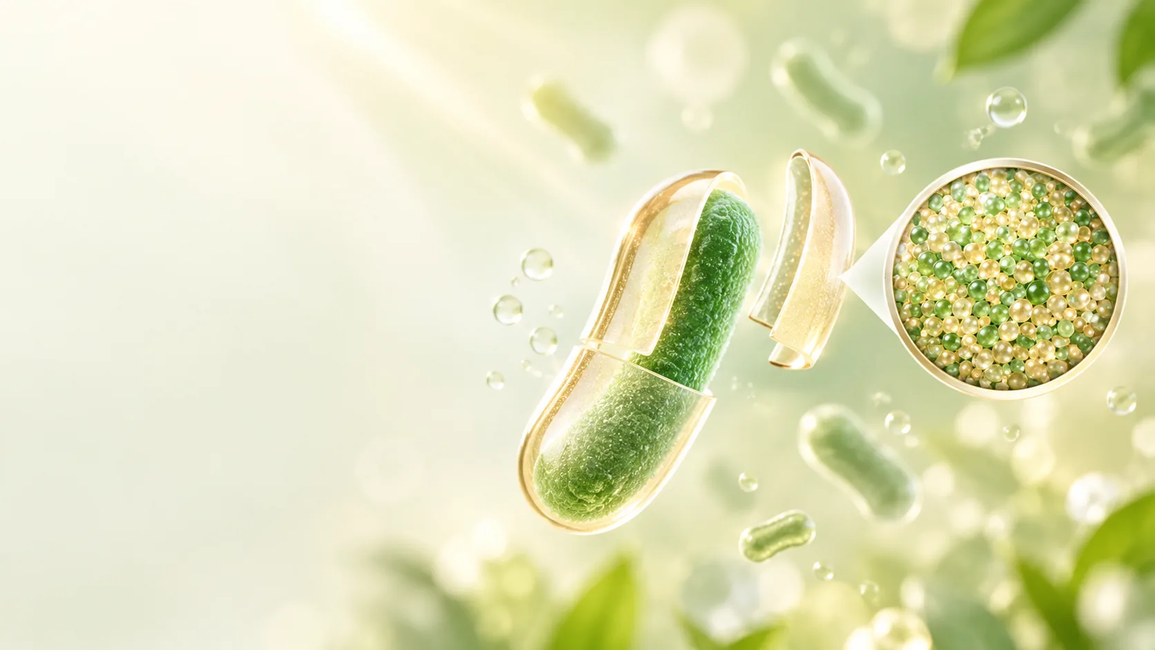 ภาพจำลอง MatriCoat: เซลล์จุลินทรีย์ ชั้นเคลือบ และ protective matrix / MatriCoat visual: probiotic cell, protective coating and matrix
